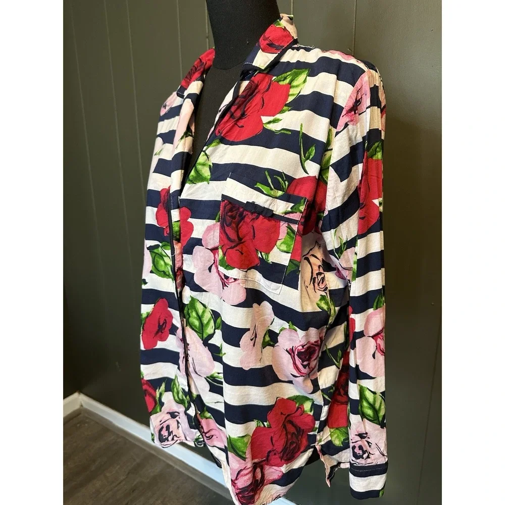 Kate Spade Roses Stripe Pink Floral Navy Blue Striped Pajama‎ Button Top L Large